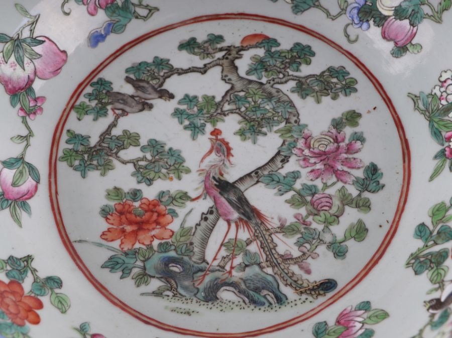 A large Chinese famille rose bowl decorated with birds, flowers and fruit, on a turquoise ground, - Image 3 of 11