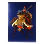 A lacquered cloisonné style panel depicting a Samurai warrior on horseback, 46 by 66cms.