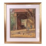 Caroline Hutton (1861-1931) - Farmyard Scene with Chickens in the Foreground - pastel, signed &