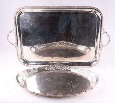 A George III style silver plated two-handled tray with gadrooned rim, 60cms wide; and another