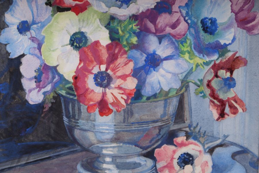 Isabel Wrightson - Still Life of anemones in a bowl - watercolour, bears remains of the Royal - Image 2 of 4