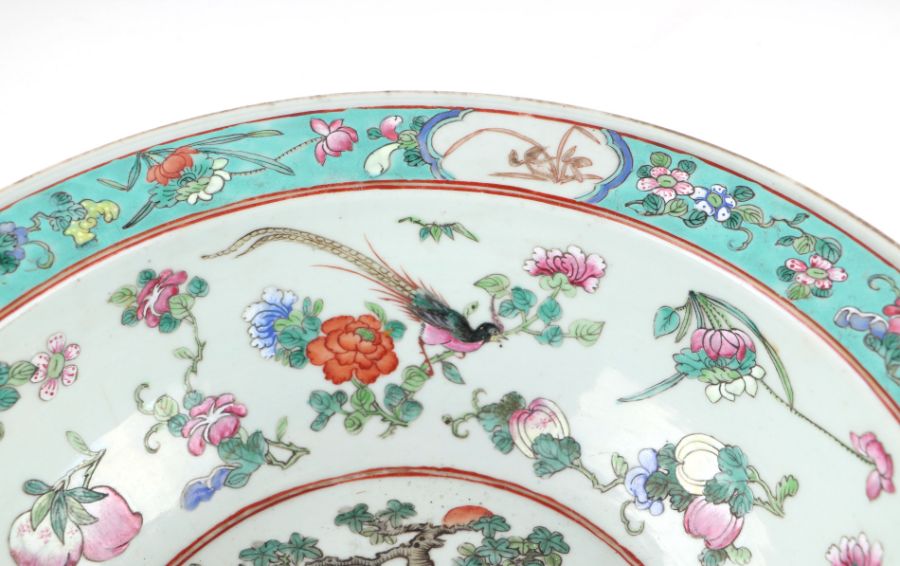 A large Chinese famille rose bowl decorated with birds, flowers and fruit, on a turquoise ground, - Image 4 of 11