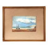20th century English school - Seascape with a Ship on the Foreshore - watercolour, 18 by 12cms,