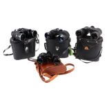 A group of binoculars to include De Lacroix 10x35, Photax-Paragon 8x40; and a Chinon 8x40, all cased