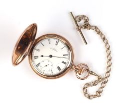 A Waltham gold plated full hunter pocket watch, the white enamel dial with Roman numerals and