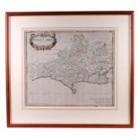 After Robert Morden - a hand coloured map of Dorsetshire, 53 by 38cms, framed & glazed.
