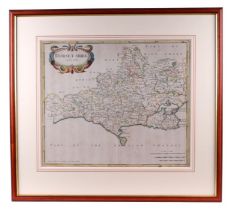 After Robert Morden - a hand coloured map of Dorsetshire, 53 by 38cms, framed & glazed.