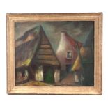 Early 20th century British school - Abstract Farmyard Scene with Hay Rick and Cart - oil on board,