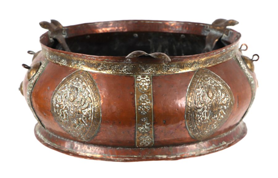 A large Tibetan copper and brass bowl, 44cms diameter; together with a Chinese brass tray and a - Image 2 of 3