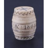 A 19th century marine ivory gaming box in the form of a barrel, inlaid with abalone shell and