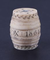 A 19th century marine ivory gaming box in the form of a barrel, inlaid with abalone shell and