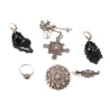 A small quantity of silver jewellery to include filigree brooch and pendant and jet earrings.