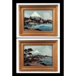 A pair of early 20th century Japanese reverse painted on glass paintings depicting Mount Fuji,