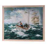 A J Bunce (20th century school) - Seascape with Sailors in a Small Boat and a Sailing Ship in the