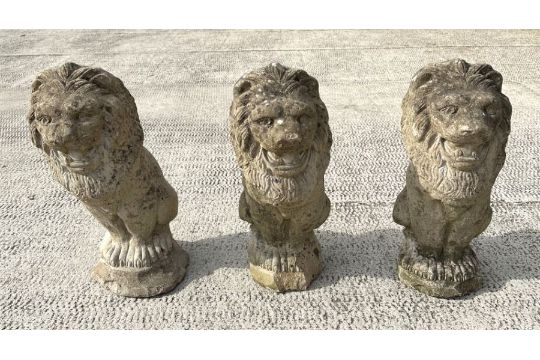 A group of three well weathered stone figures of seated lions, each 44cms high (3). - Image 1 of 5