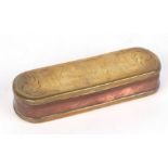 A late 18th / early 19th century Dutch brass and copper tobacco box with engraved decoration,