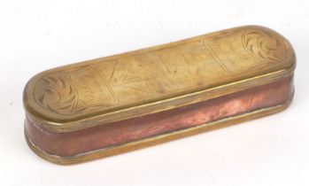 A late 18th / early 19th century Dutch brass and copper tobacco box with engraved decoration,