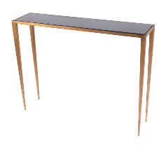 A modern design gilt metal small console table on slender square tapering legs. 107 by 27 by 81cm