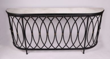 A large black metal lattice work console table with distressed mirror top, 195cms wide, 40cms depth,