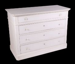 A distressed white painted chest of four graduated long drawers, on a plinth base, 122 by 57 by