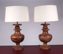 A pair of Pooky Verona turned wooden table lamps, 46cms high excluding fittings (2). Condition