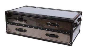 A Timothy Oulton Stonyhurst large mirrored coffee table in the form of a travel trunk with three