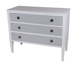 A lacquered chest of three long drawers, on square tapering legs, 106 by 45 by 84cms high. Condition