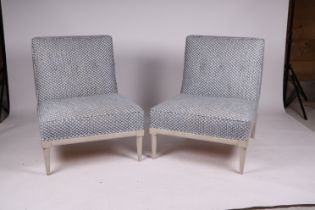 A pair of armchairs upholstered in Fermoie fabric, on painted turned tapering front supports (2).