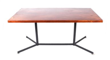 A 1970's mid century modern rosewood veneer dining table with rectangular top on an anodised