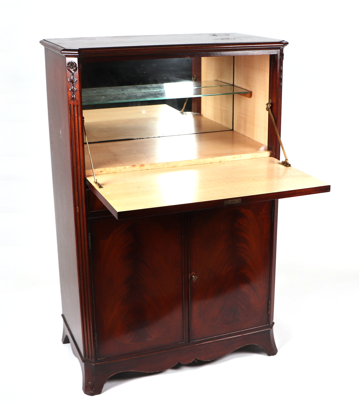 A reproduction figured mahogany drinks cabinet, the fall-flap enclosing a mirrored interior above - Image 2 of 3