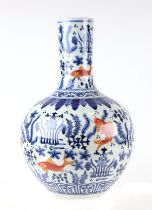 A large Chinese blue & white bottle vase decorated with goldfish amongst water plants, four