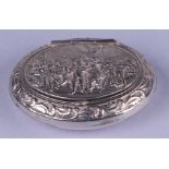 A 19th century continental silver oval snuff box with repousse decoration decorated with a classical