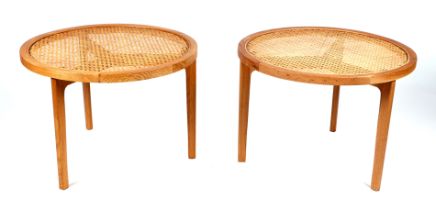 A pair of French Modernist Le Roi oak and rattan occasional tables, each 60cms diameter (2).