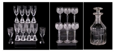 A set of French Au Plomb crystal glasses, together with a set of hock glass and a decanter
