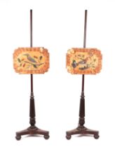 A pair of 19th century rosewood pole screens, each screen hand-painted with a kingfisher and a