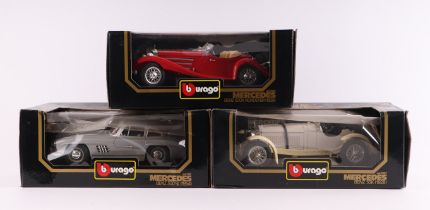 Three Bburago 1:18 scale diecast models comprising Mercedes Benz SSK (1928) cat no. 3009; another