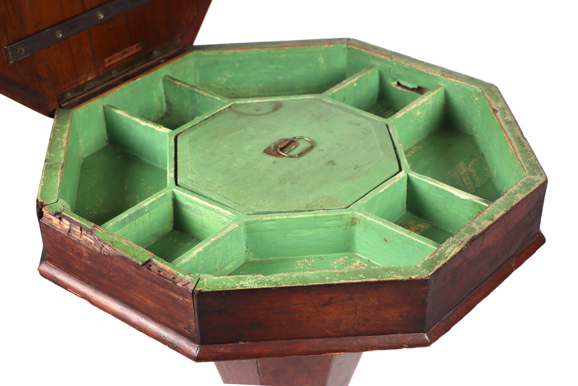 A Victorian walnut trumpet sewing work table, the octagonal top opening to reveal a fitted interior, - Image 3 of 3