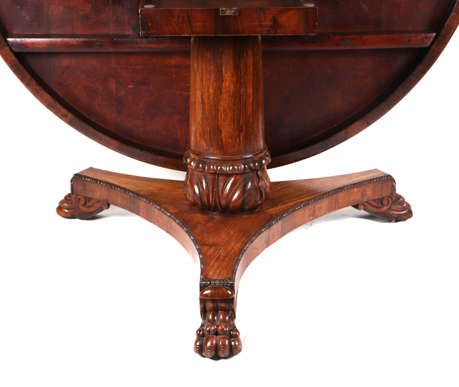 A 19th century rosewood centre table with circular tilt-top on a carved central column with - Image 6 of 6
