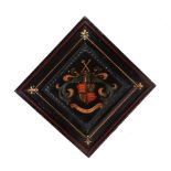 A contemporary painted wooden panel with Coat of Arms 'Dieu et mon droit' (God and my right),