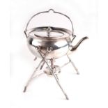 A Victorian silver plated kettle on crab stock stand with burner. 23cms wide.
