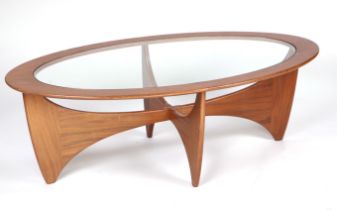 A mid 20th century design oval glass topped coffee table, 122cms wide.