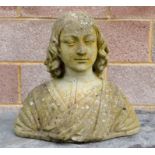 A well weathered reconstituted stone garden bust depicting a young lady, 41cms high.