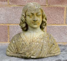 A well weathered reconstituted stone garden bust depicting a young lady, 41cms high.