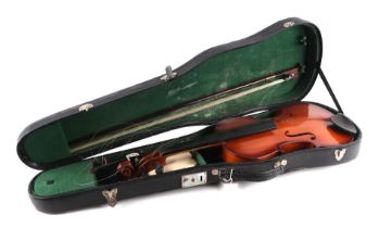 A violin with 14-inch one piece back, cased.