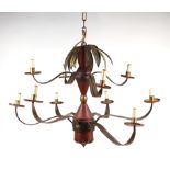 A gilt metal toleware style six-branch ceiling light, 61cms high.