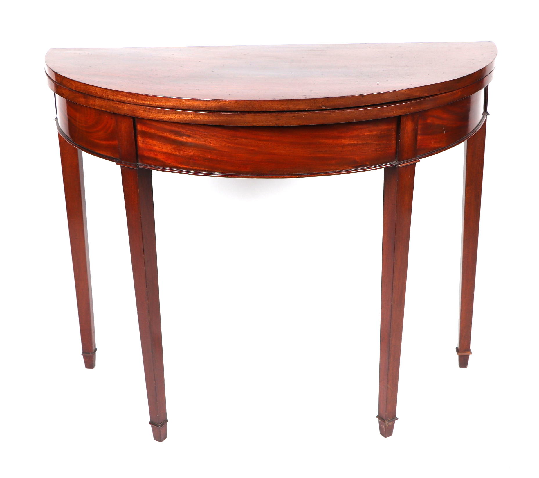 A mahogany demi lune tea table on square tapering legs terminating in spade feet, 94cms wide.