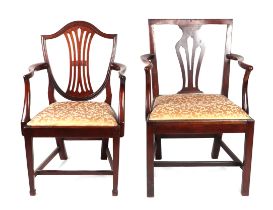 A George III fruitwood open armchair with vase shaped pierced back splat and drop-in seat, on square