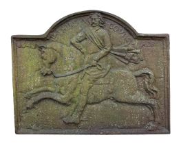 A 17th century style cast iron fire back with a gentleman on horseback; together with a pair of fire