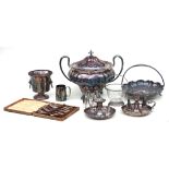 A large silver plated two handled tureen, a pair of silver plated chamber sticks and other items.