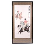 Chinese school, coloured print depicting polo players and calligraphy. 47 by 98cm. framed and glazed